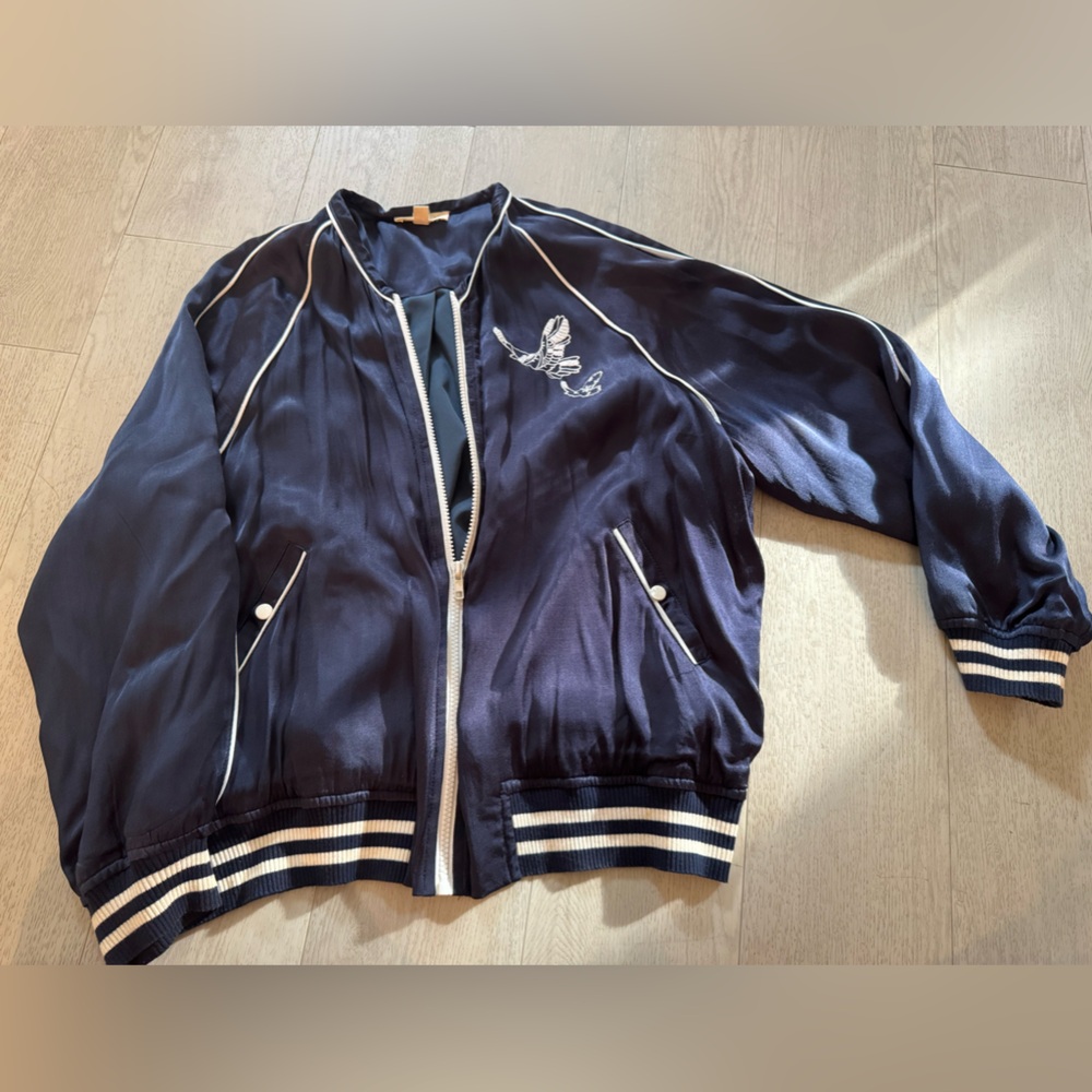 Navy Blue Satin Bomber Jacket